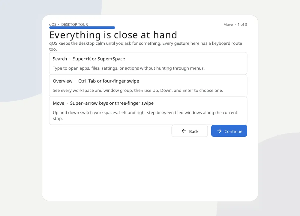 The first Tilo desktop-tour screen explaining horizontal strip navigation