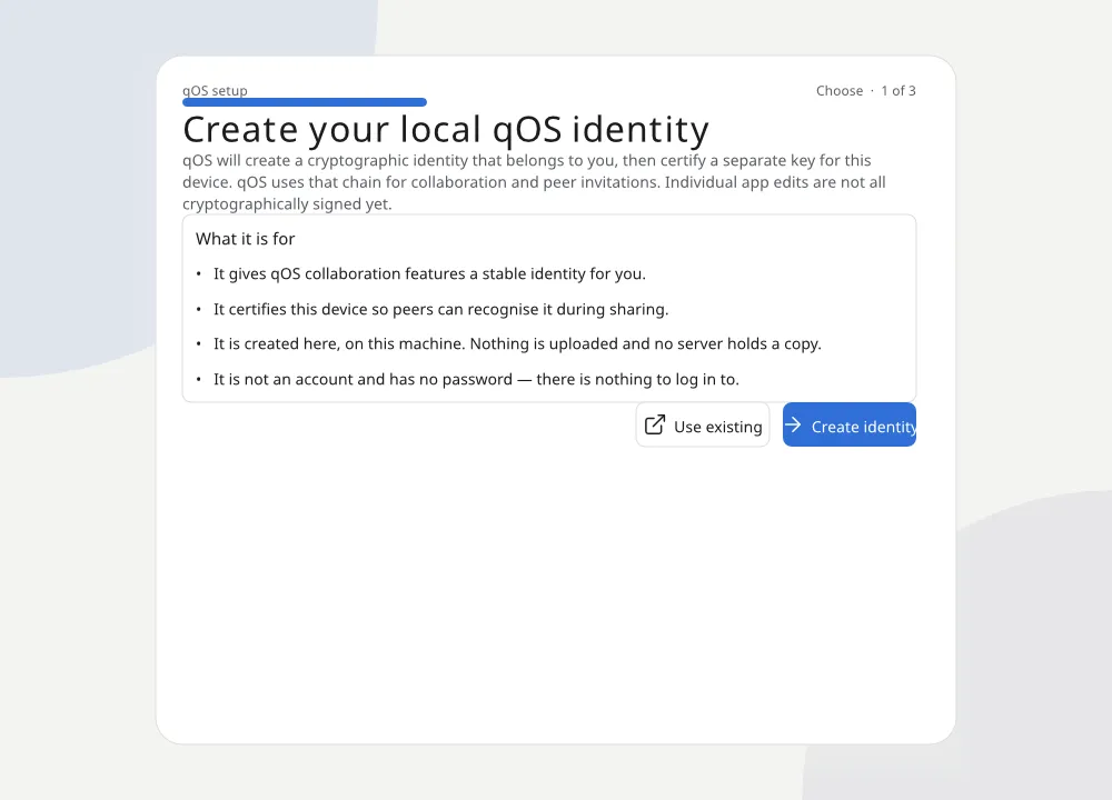 The trusted Tilo first-login screen offering a new or existing identity