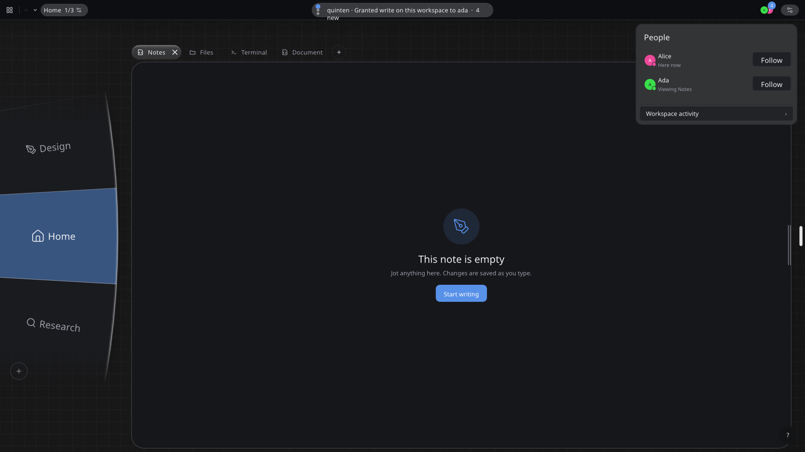 tilo desktop: tabbed windows in a horizontal strip, workspace disc at the left, another person’s cursor in a notes document